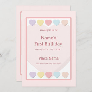Pink Baby Girl First Birthday Hearts Invitation
