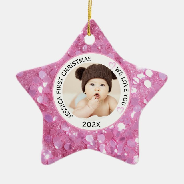 Pink Baby Girl First Christmas Name Photo  Ceramic Tree Decoration (Front)