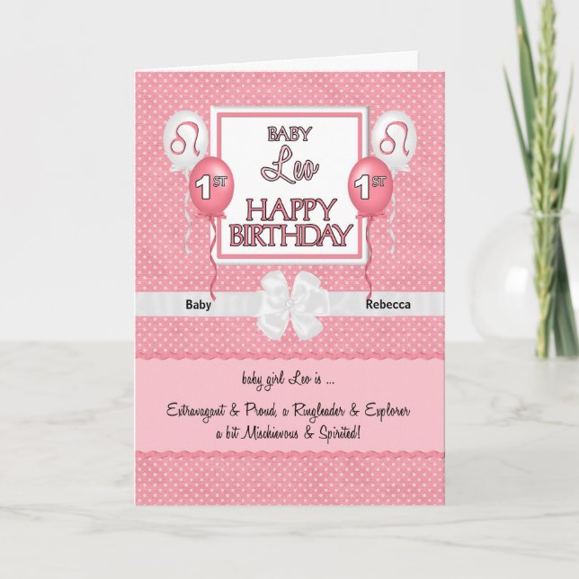 Pink Baby Girl Leo Zodiac 1st Birthday Card (Front)