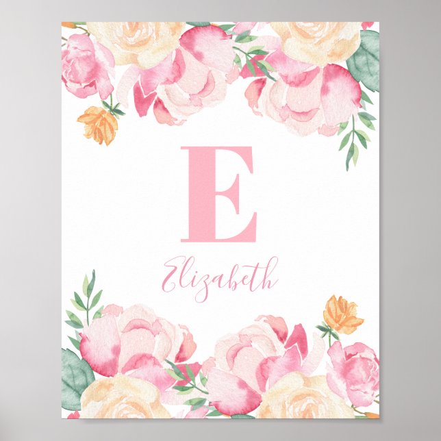 Pink baby girl monogram. Nursery flowers name Poster (Front)