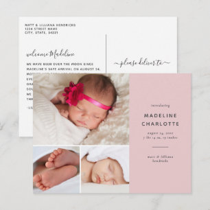 Pink Baby Girl Multi-Photo Newborn Announcement Postcard