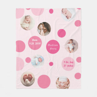 Pink Baby Girl Name Birth date stat custom photos Fleece Blanket
