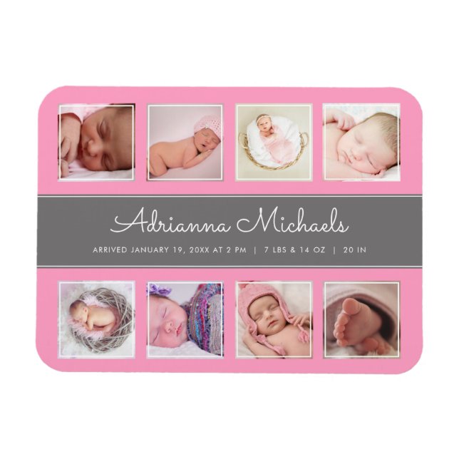Pink Baby Girl Newborn Photo Collage Announcement Magnet (Horizontal)