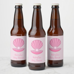 Pink Baby Girl Oyster shell and Pearl Baby Shower Beer Bottle Label