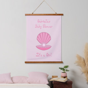 Pink Baby Girl Oyster shell and Pearl Baby Shower Hanging Tapestry