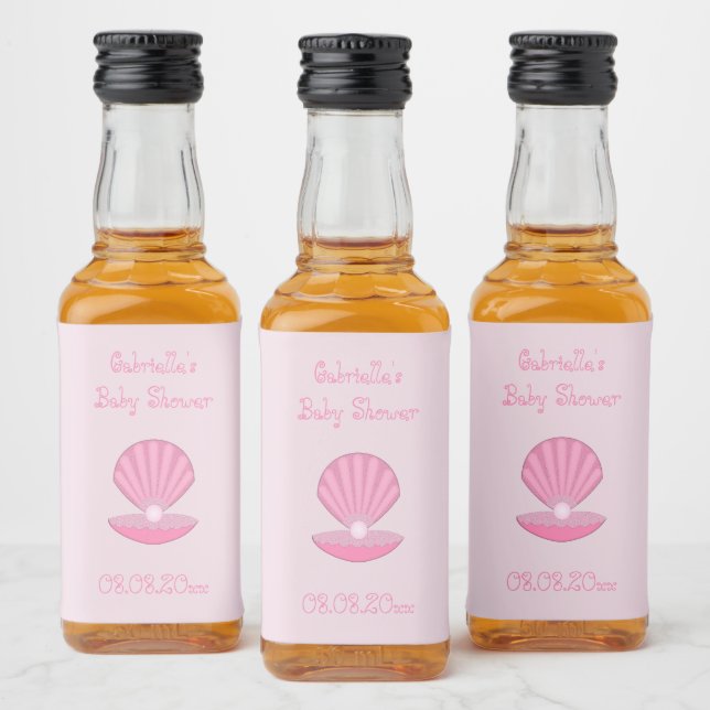 Pink Baby Girl Oyster shell and Pearl Baby Shower Liquor Bottle Label (Bottles)