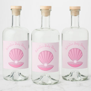Pink Baby Girl Oyster shell and Pearl Baby Shower Liquor Bottle Label