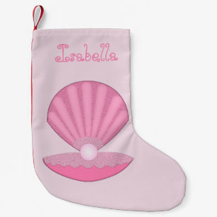 Pink Baby Girl Oyster shell and Pearl Custom Name Small Christmas Stocking