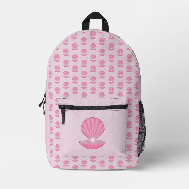 Pink Baby Girl Oyster shell and Pearl Patterned Printed Backpack (Front)