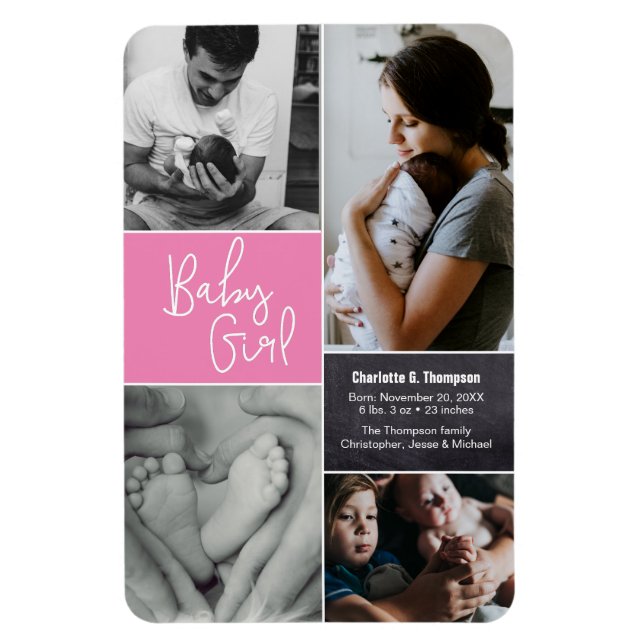Pink Baby Girl Photo 2nd Baby Birth Announcement Magnet (Vertical)