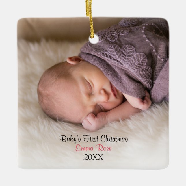 Pink Baby Girl Photo Babys First Christmas Ceramic Tree Decoration (Front)