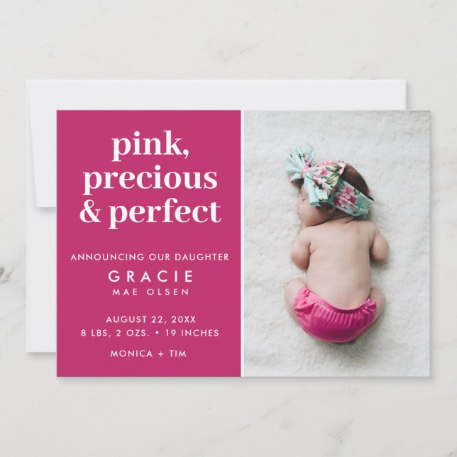 Pink Baby Girl Photo Birth Announcement (Front)