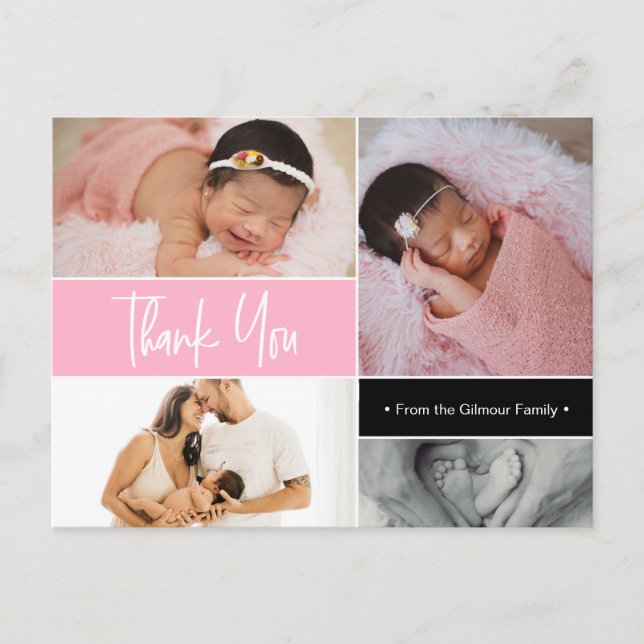 Pink Baby Girl Photo collage Birth Intro Thank You Postcard (Front)