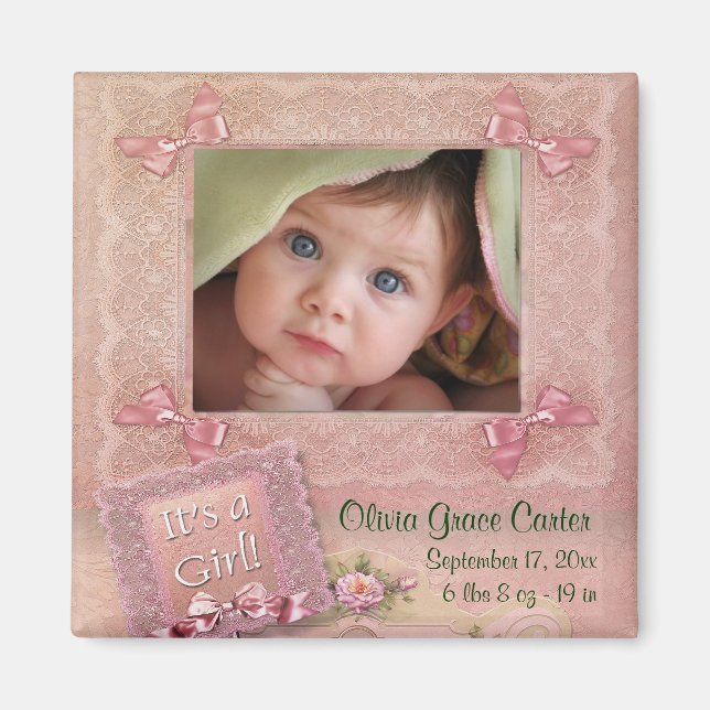 Pink Baby Girl Photo Frame Birth Magnets (Front)