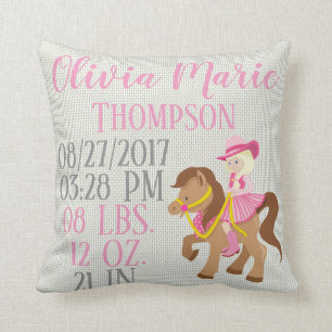 Pink Baby Girl Riding Western Horse Pony Birth Cushion