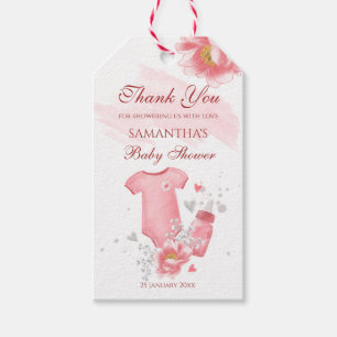 Pink baby girl romper bottle flowers baby shower gift tags