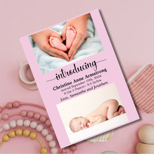 Pink Baby Girl Size and Weight Photo Birth Announcement