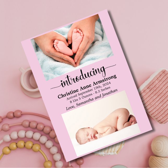Pink Baby Girl Size and Weight Photo Birth Announcement (Creator Uploaded)