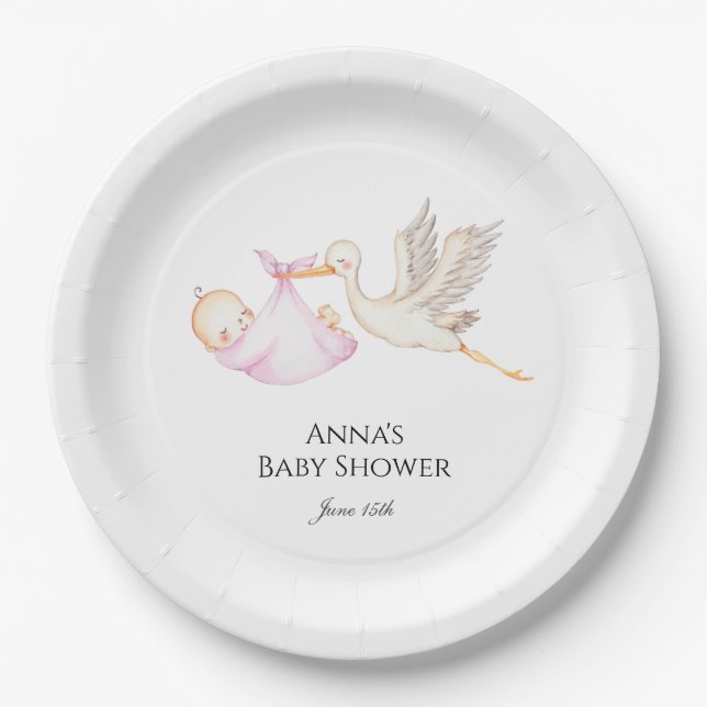 Pink Baby Girl Stork Baby Shower  Paper Plate (Front)