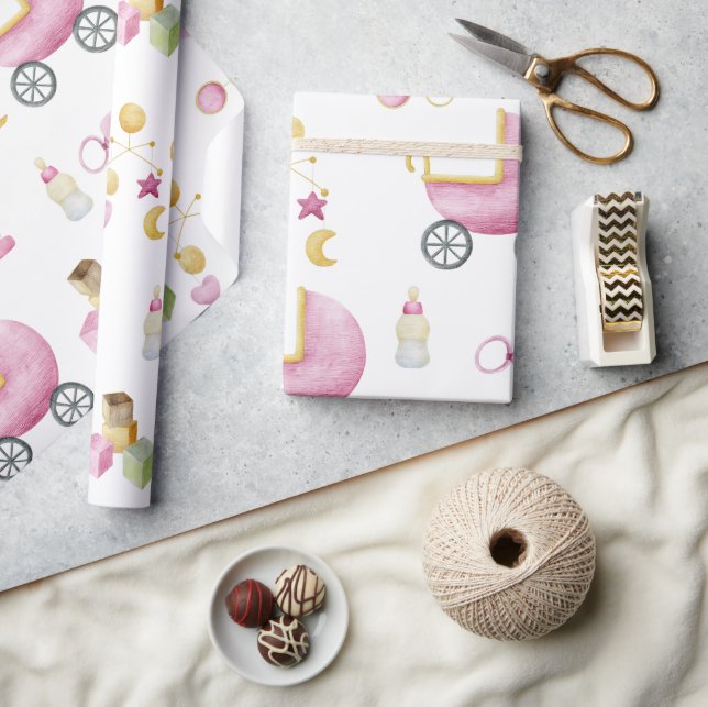 Pink Baby Girl Watercolor Theme Baby Shower Wrapping Paper (Crafts)