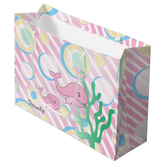 Pink Baby Girl Whale Large Gift Bag (Front Angled)