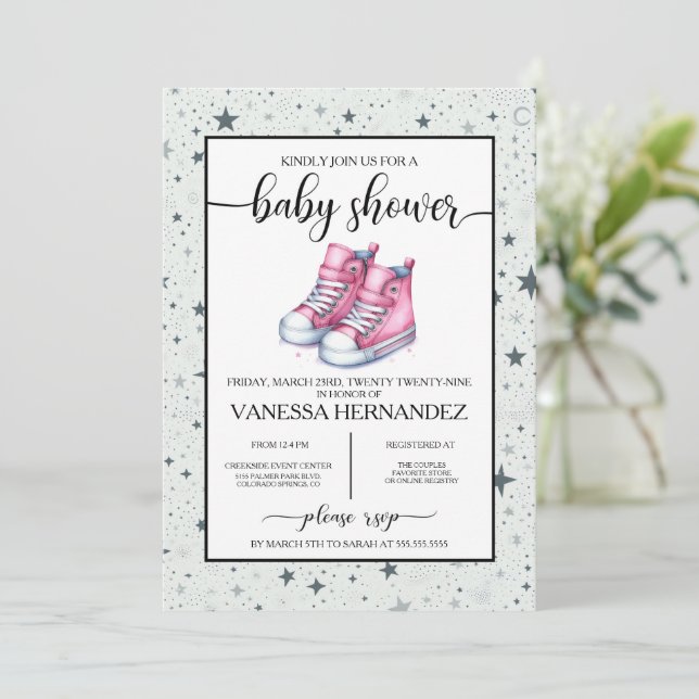 Pink Baby High Tops Baby Shower Invitation (Standing Front)
