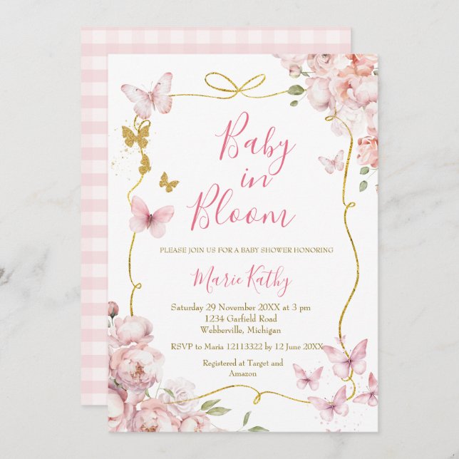 Pink Baby in Bloom Floral Invitation (Front/Back)