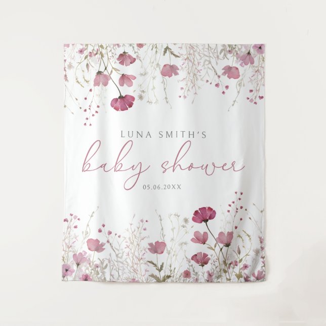 Pink Baby In Bloom Wildflower Baby Shower Backdrop Tapestry (Front)