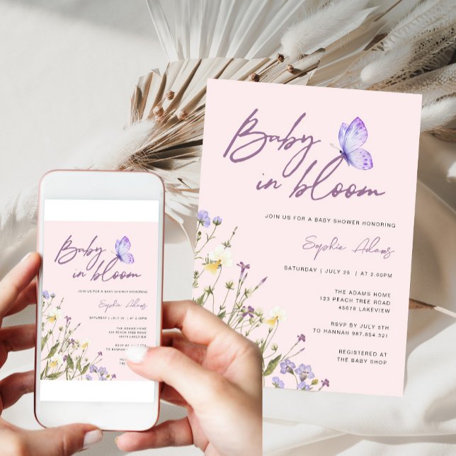Pink Baby in Bloom Wildflower Baby Shower Invitation (Pink wildwlower baby in bloom invitation)