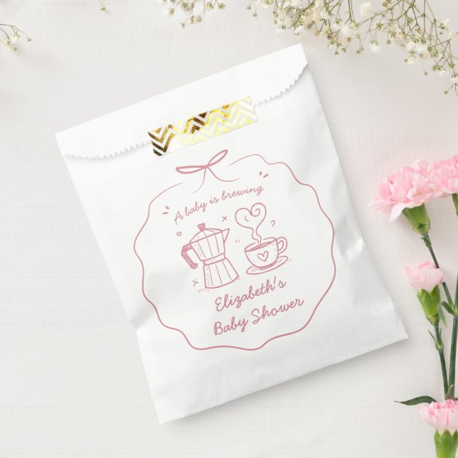 Pink Baby Is Brewing Coffee Baby Shower Favor Bag, Favour Bags (Sealed)