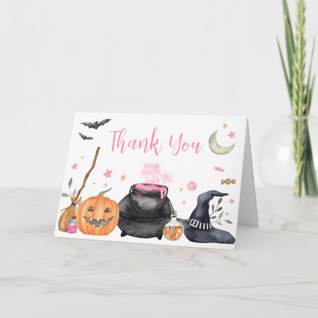 Pink Baby is Brewing Cute Halloween Baby Shower Thank You Card (Front)
