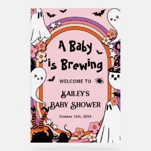 Pink Baby is Brewing Halloween Baby Shower Welcome Acrylic Sign