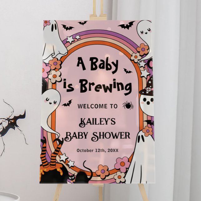Pink Baby is Brewing Halloween Baby Shower Welcome Acrylic Sign (Creator Uploaded)