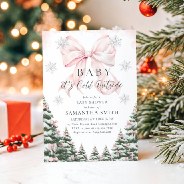 Pink Baby It's Cold Outside Bow Girl Baby Shower Invitation (Creator Uploaded)
