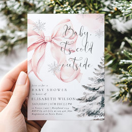 Pink Baby It's Cold Outside Bow Girl Baby Shower  Invitation