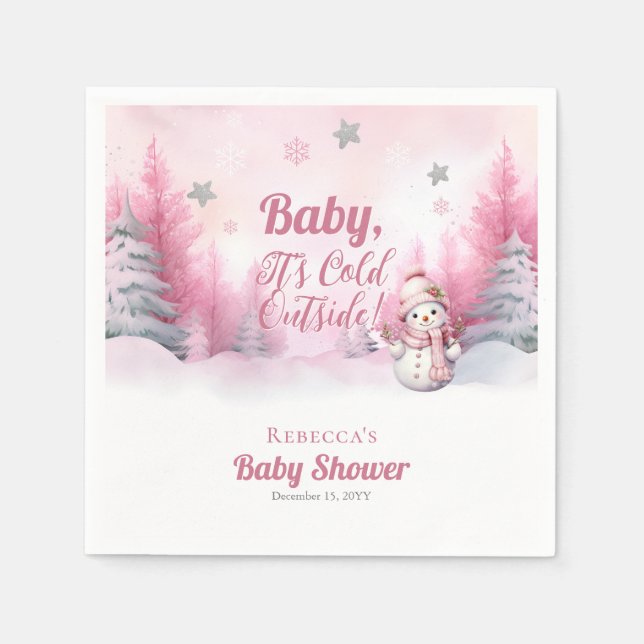 Pink Baby It's Cold Outside Snow Girl Baby Shower Napkin (Front)