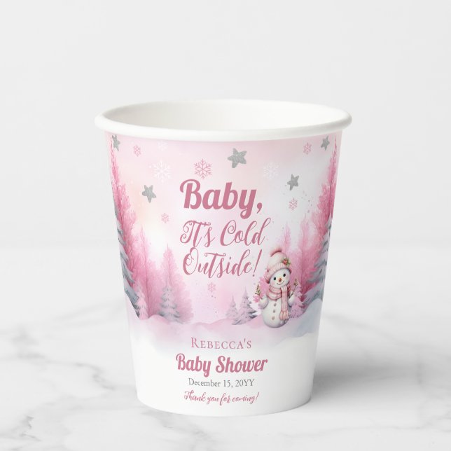 Pink Baby It's Cold Outside Snow Girl Baby Shower Paper Cups (Front)