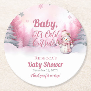 Pink Baby It's Cold Outside Snow Girl Baby Shower Round Paper Coaster