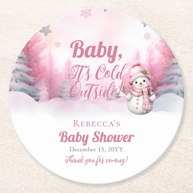 Pink Baby It's Cold Outside Snow Girl Baby Shower Round Paper Coaster (Front)