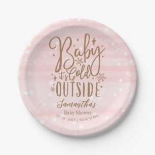 Pink Baby Its Cold Outside Winter Baby Shower Paper Plate