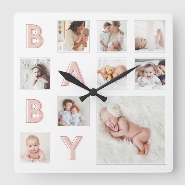 Pink Baby Letters Newborn Baby Photo Grid Collage Square Wall Clock (Front)