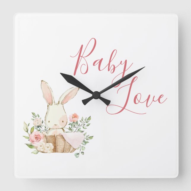 Pink Baby Love Script Woodland Forest Bunny Rabbit Square Wall Clock (Front)