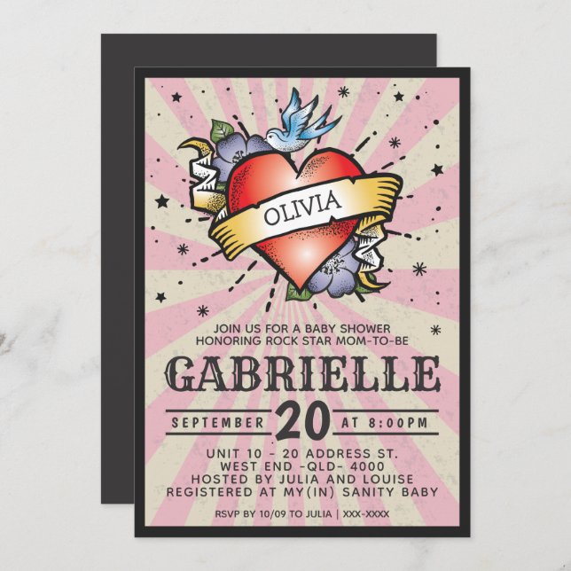 Pink Baby Name Rock and Roll Tattoo Baby Shower Invitation (Front/Back)