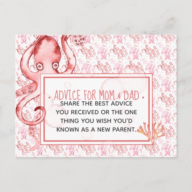 Pink Baby Octopus Baby Shower Advice for Mum & Dad Postcard (Front)
