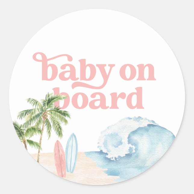Pink Baby on Board Beach Surf Baby Shower Classic Round Sticker (Front)