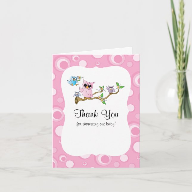 Pink Baby Owl Baby Shower Thank You Card (Front)