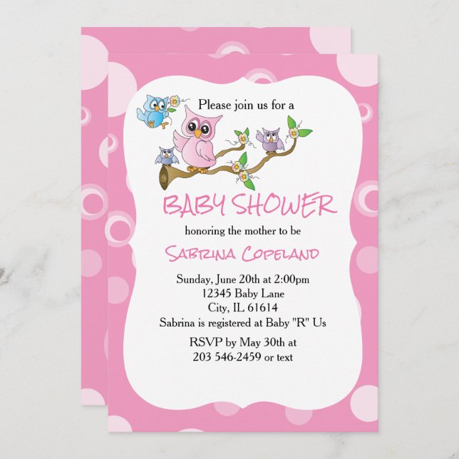 Pink Baby Owl | Shower Theme Invitation (Front/Back)