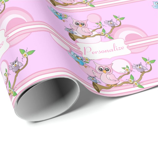 Pink Baby Owl | Shower Theme Wrapping Paper (Roll Corner)