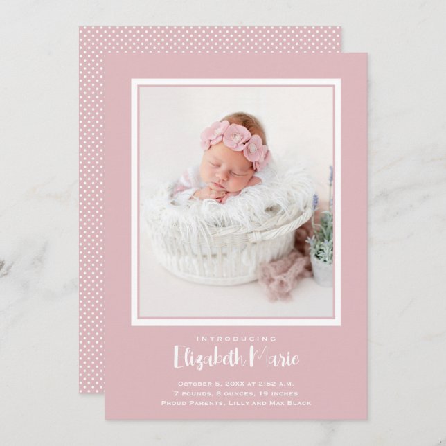 Pink Baby Photo Birth Announcement (Front/Back)