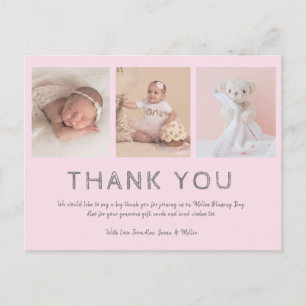 Pink baby photo thank you cards, baptism/girls postcard
